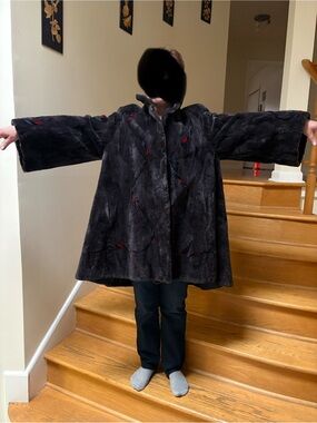 Women's Black Teddy Coat with Subtle Red Accents